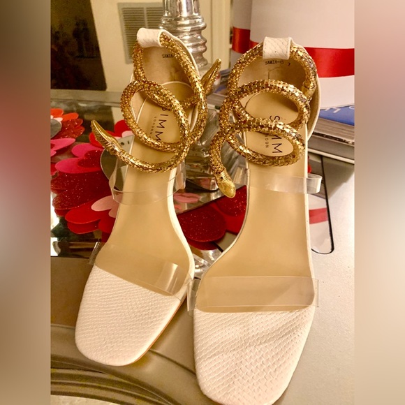 SIMMI LONDON White and Gold faux snake wrap around stiletto heels SZ 9 π₯π₯π₯ - Picture 2 of 10